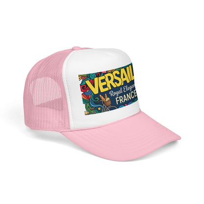 Pink-and-white trucker hat with front panel and “VERSAILLES” France graphic patch.