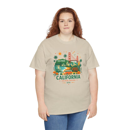 Natural unisex T-shirt with colorful California skyline graphic and crew neck