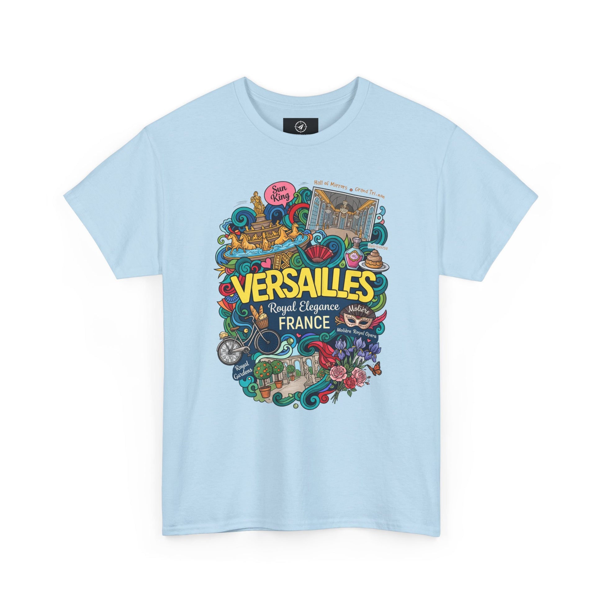 Light blue crewneck T-shirt with colorful Versailles France graphic illustration