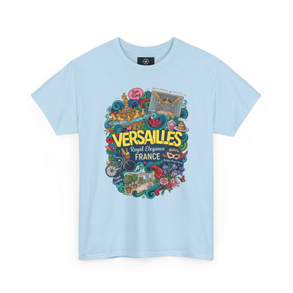Light blue crewneck T-shirt with colorful Versailles France graphic illustration