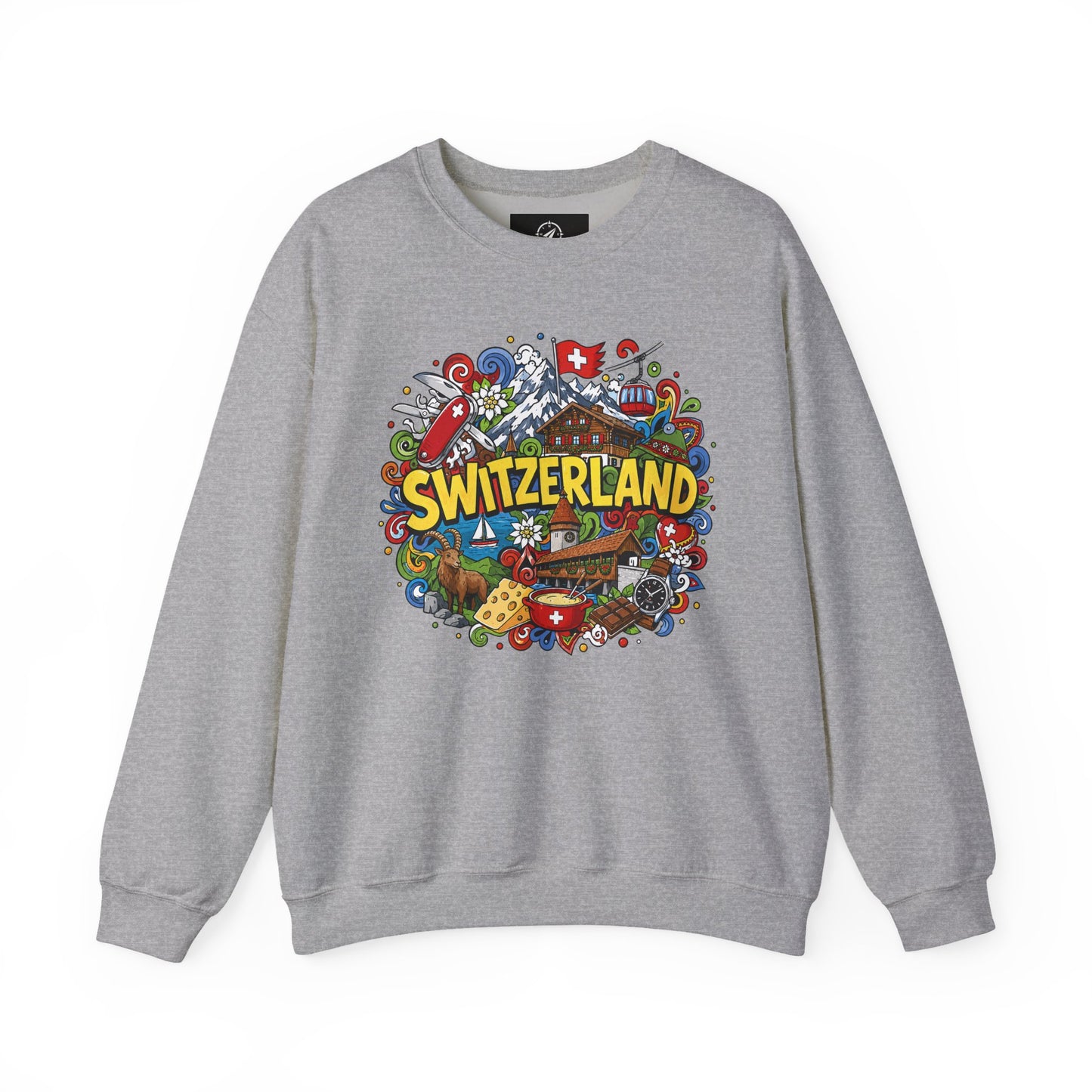 Heather gray crewneck sweatshirt with colorful Switzerland graphic on the chest.