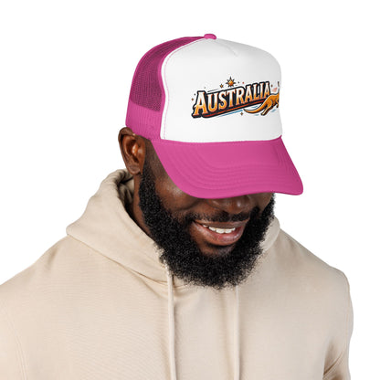 Pink and white trucker hat with curved brim, mesh back, and Australia logo patch.