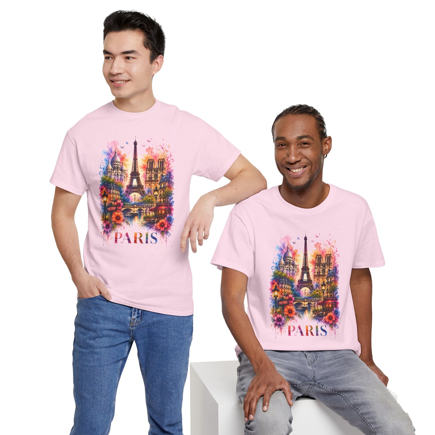 Light pink T-shirt with floral Eiffel Tower graphic and “PARIS” on the chest