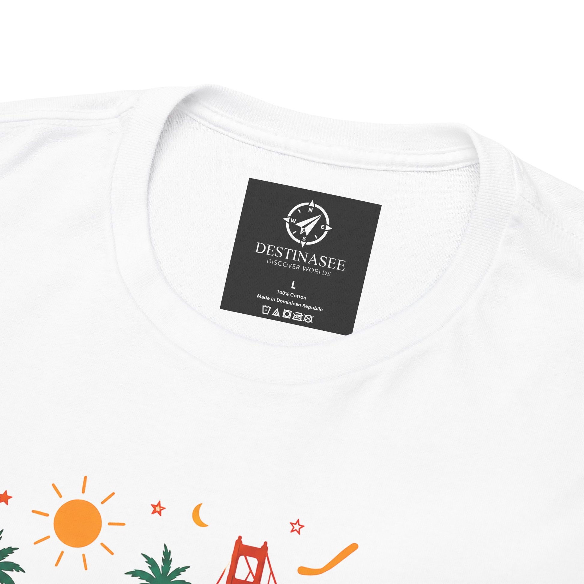 White T-shirt with small logo label at the collar and partial colorful chest art