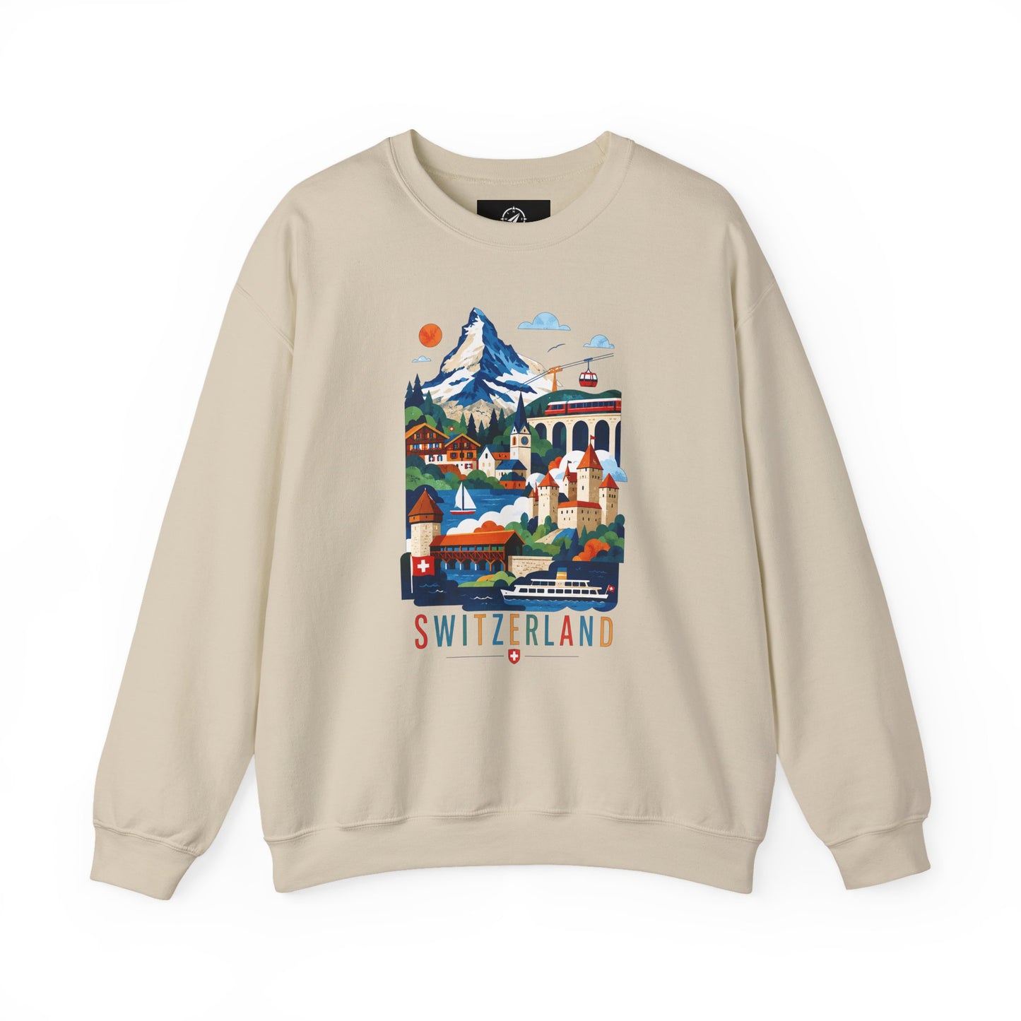 Sand crewneck sweatshirt with colorful Switzerland graphic on the front