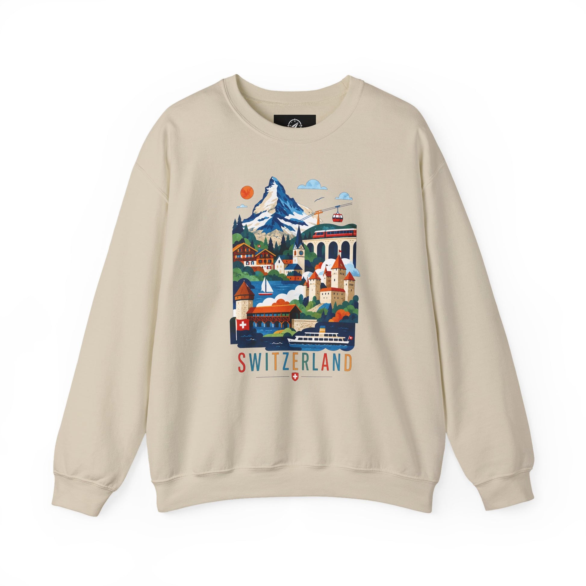 Sand crewneck sweatshirt with colorful Switzerland graphic on the front