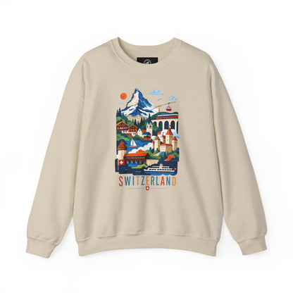 Sand crewneck sweatshirt with colorful Switzerland graphic on the front