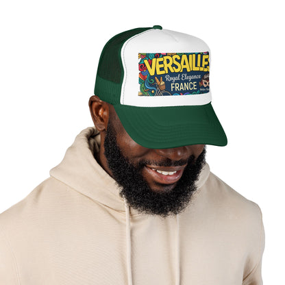 Green and white trucker cap with mesh panels and “Versailles France” graphic patch