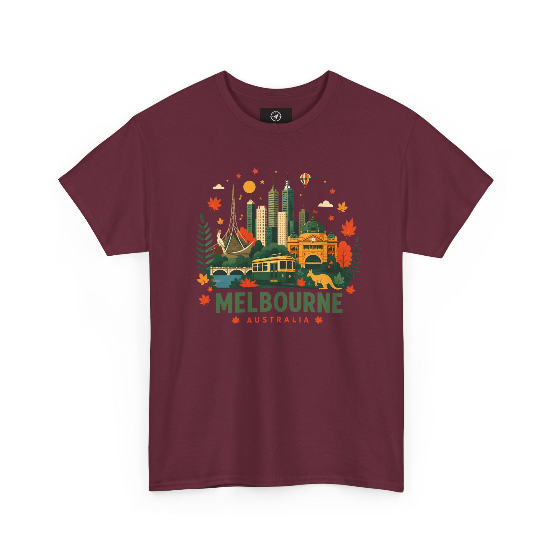 Maroon T-shirt with Melbourne skyline and colorful autumn front graphic
