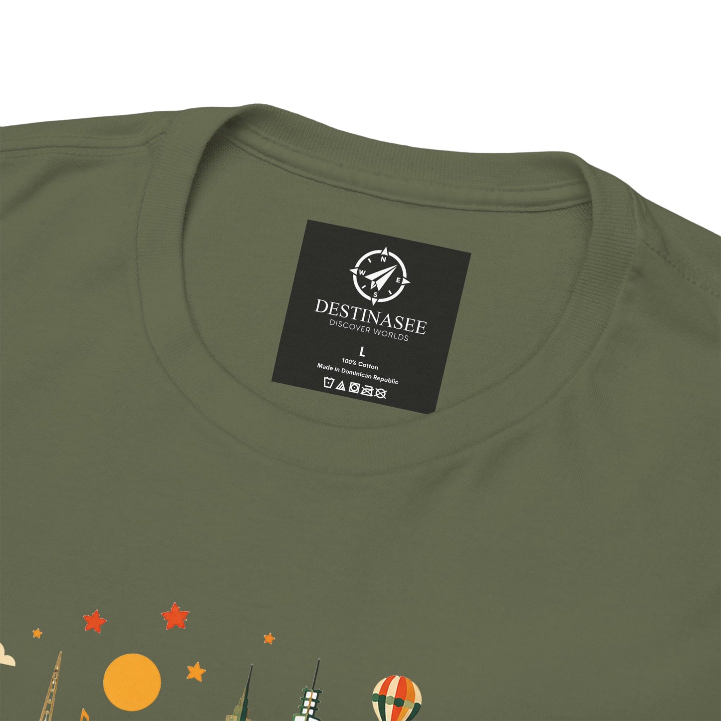 Olive green T-shirt with round neckline and logo patch near the collar