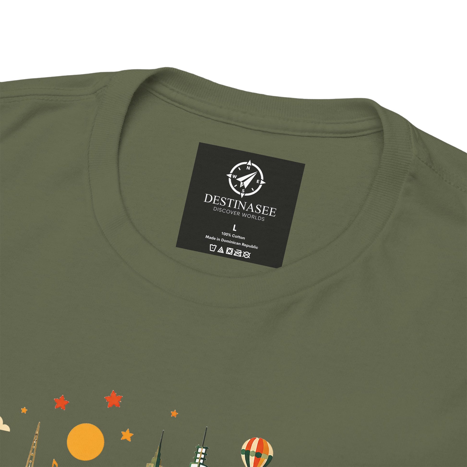 Olive green T-shirt with round neckline and logo patch near the collar