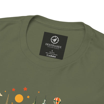 Olive green T-shirt with round neckline and logo patch near the collar
