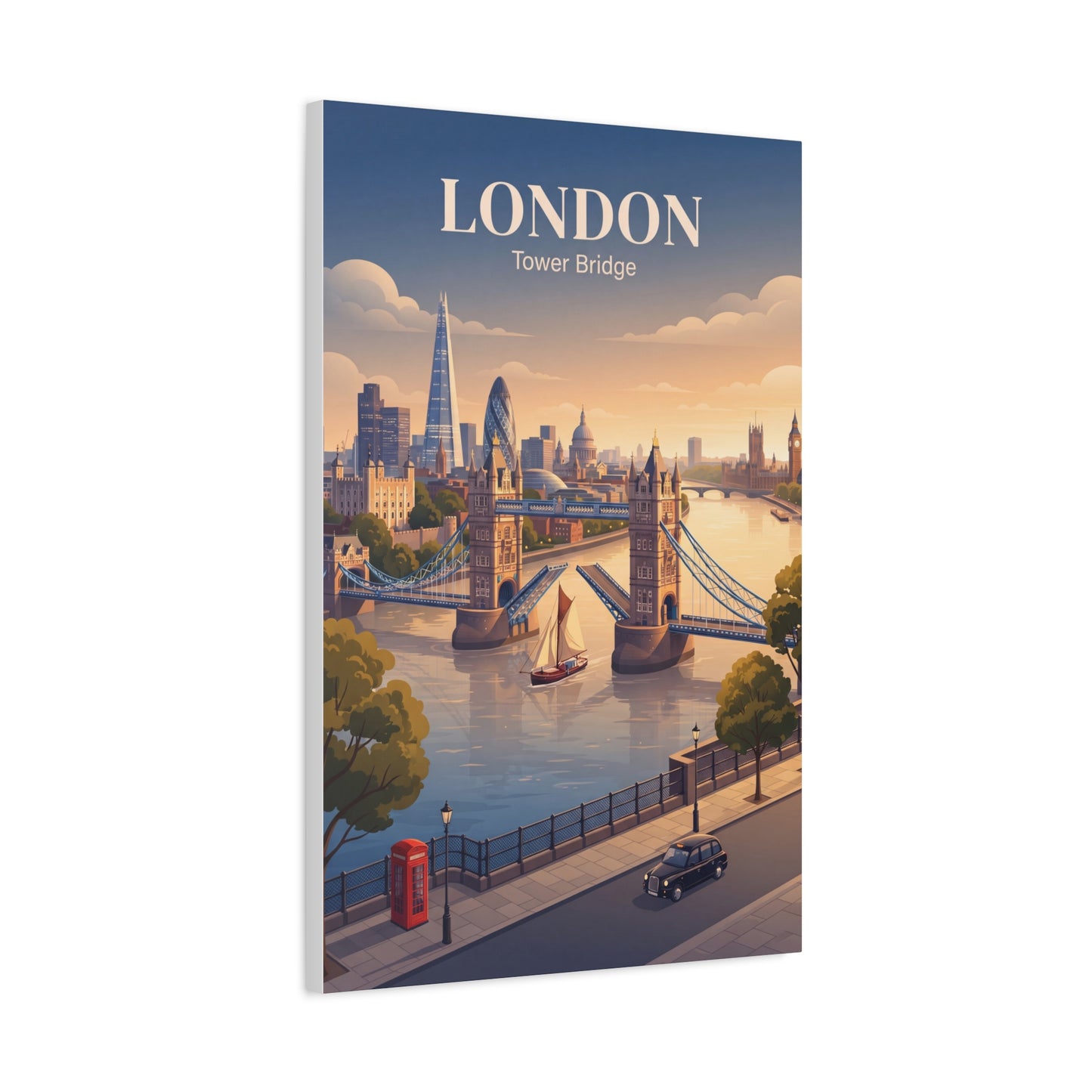 London matte canvas wall art featuring Tower Bridge city view with “LONDON” title at top