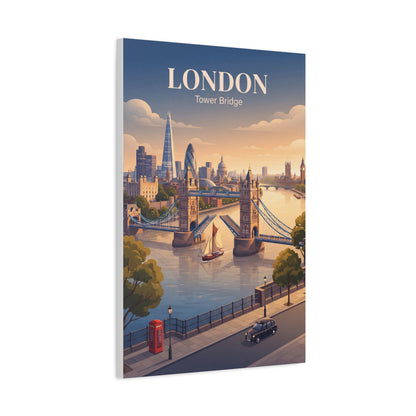 London matte canvas wall art featuring Tower Bridge city view with “LONDON” title at top