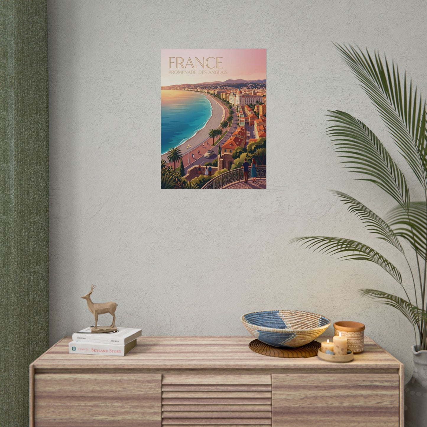 Rolled France coastal promenade poster, small wall display with city and coast