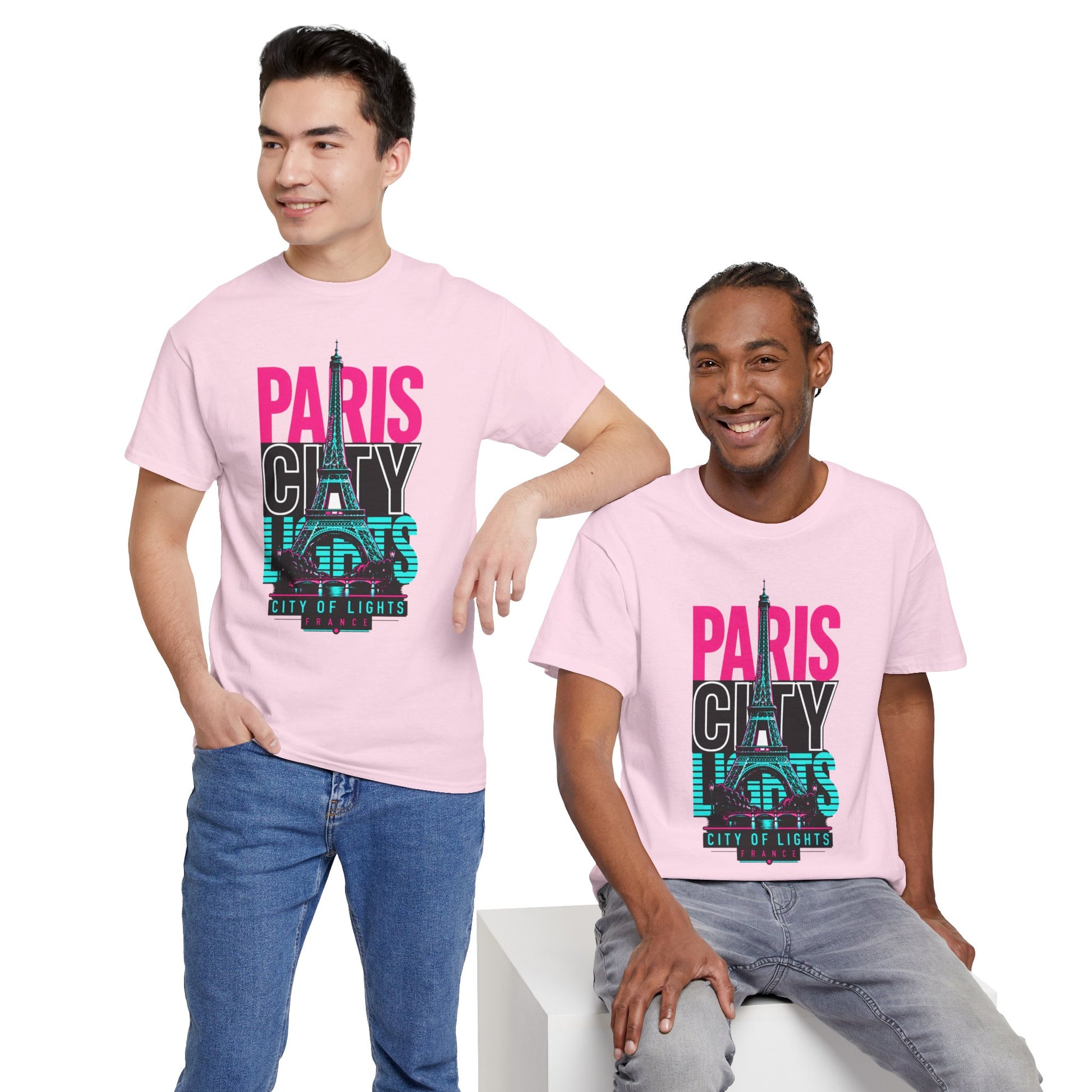 Light pink unisex T-shirt with “PARIS” skyline and Eiffel Tower multicolor chest graphic