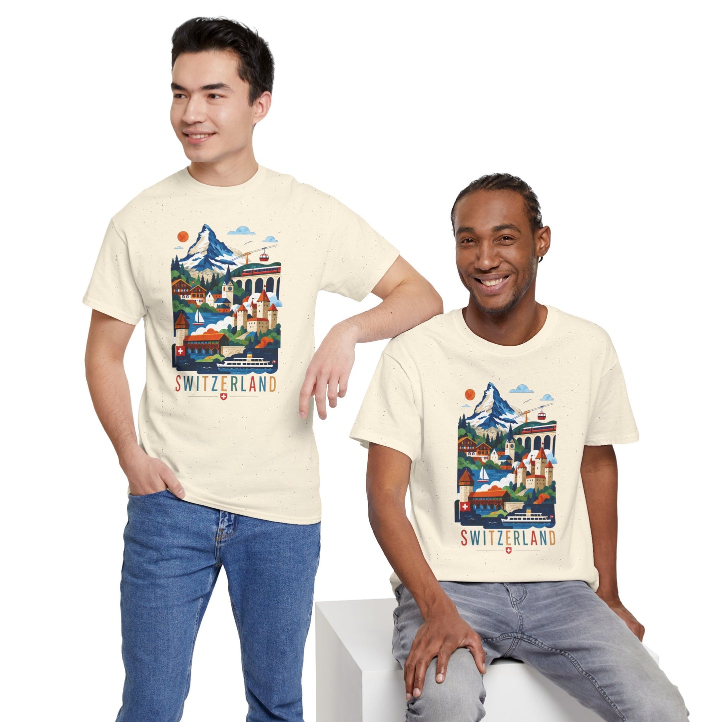 Natural crew-neck T-shirt with colorful Switzerland village graphic on front