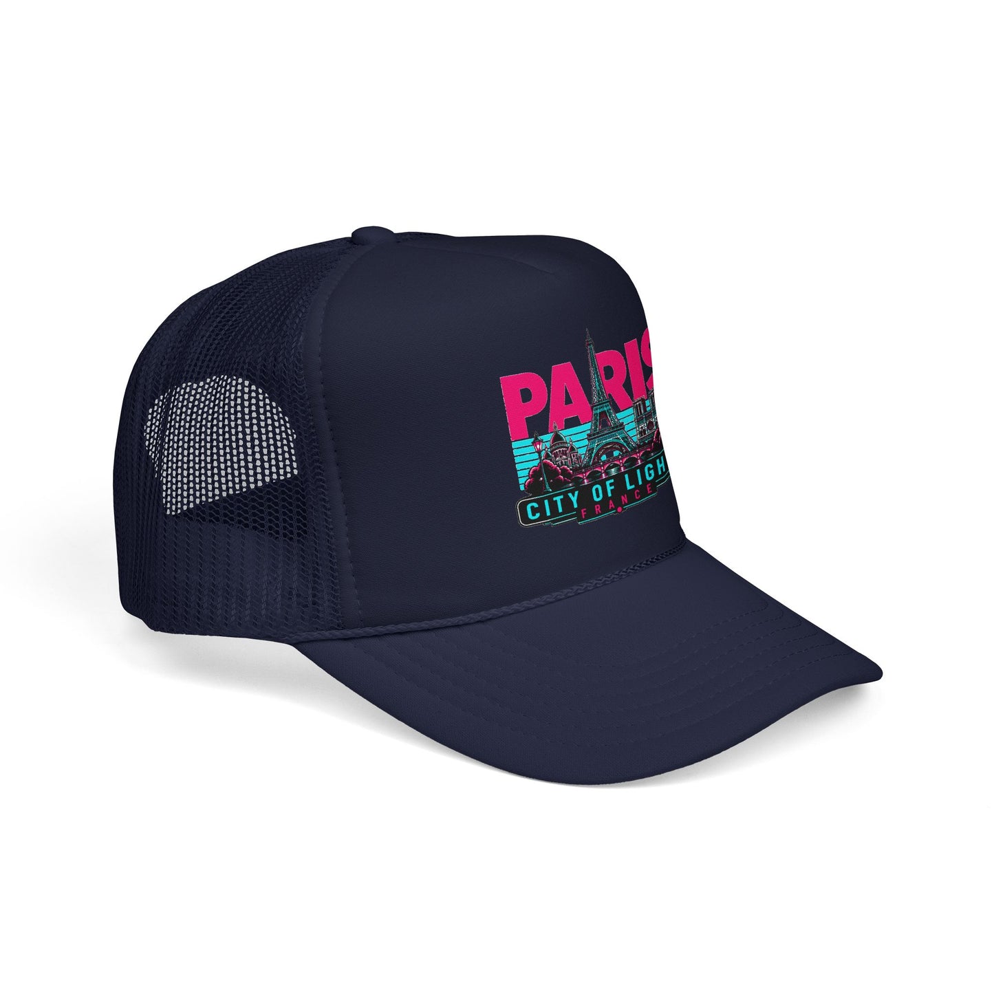 Navy and white mesh trucker hat with “PARIS City of Lights” front graphic patch.