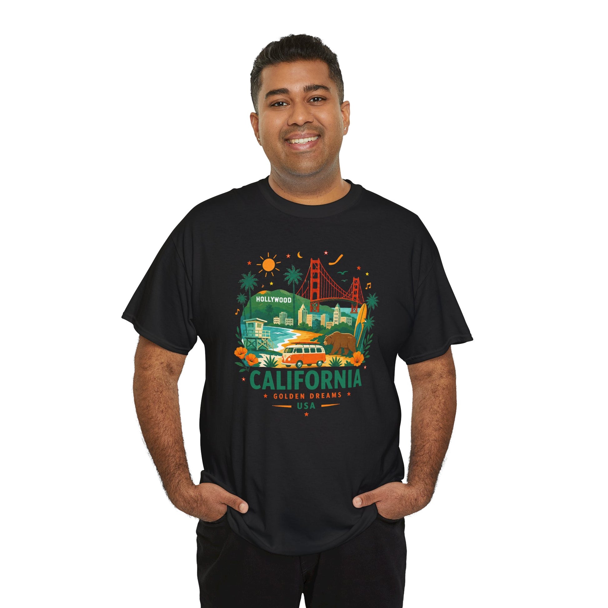 Black T-shirt with multicolor California theme graphic, short sleeves