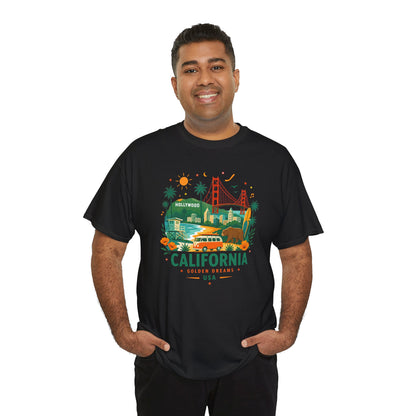 Black T-shirt with multicolor California theme graphic, short sleeves