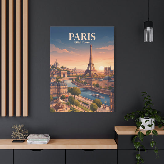 Matte canvas wall art of Paris skyline with Eiffel Tower and blue sunset sky, PARIS title