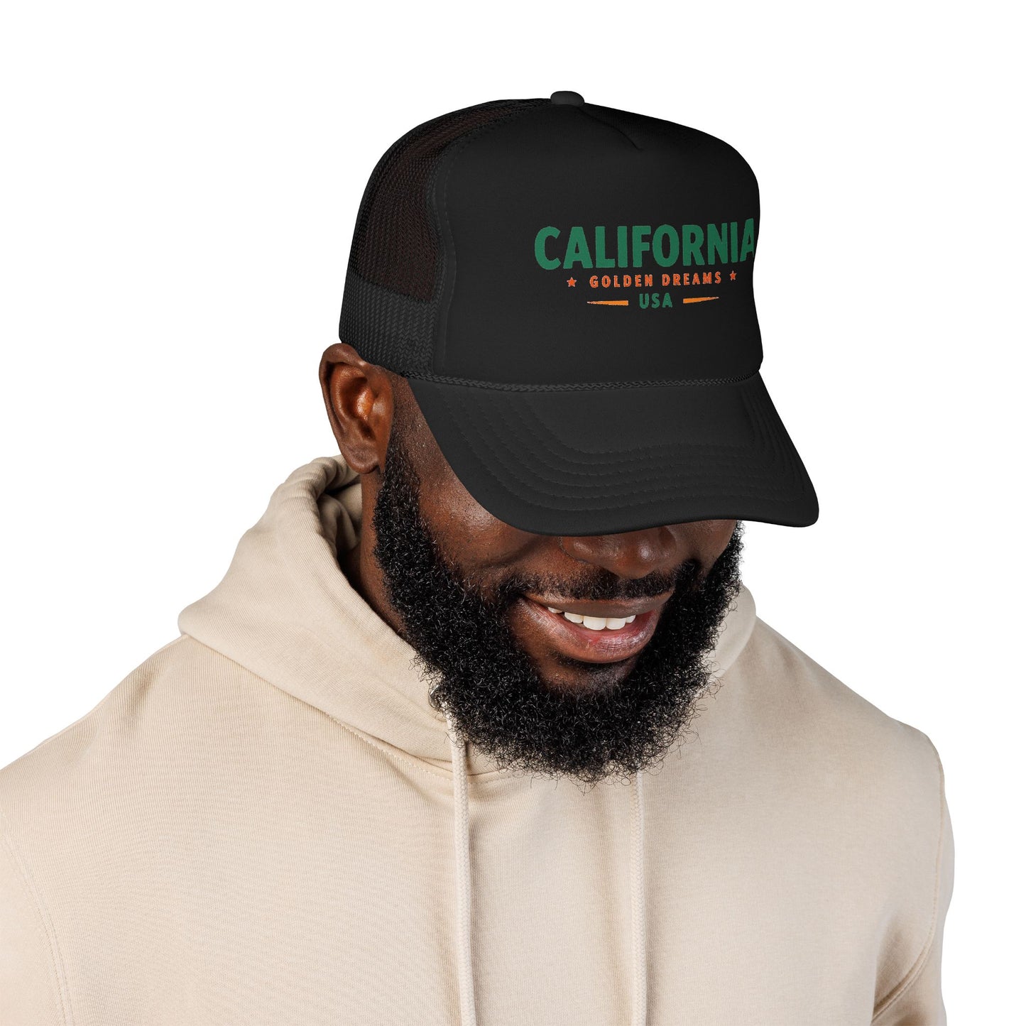 Black trucker hat with front logo, mesh side panels, and curved brim.