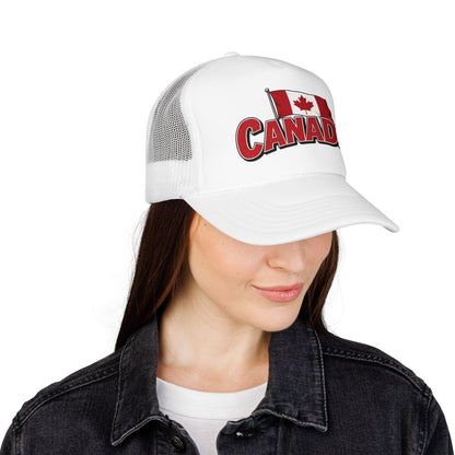 White trucker hat with Canada flag logo patch on front