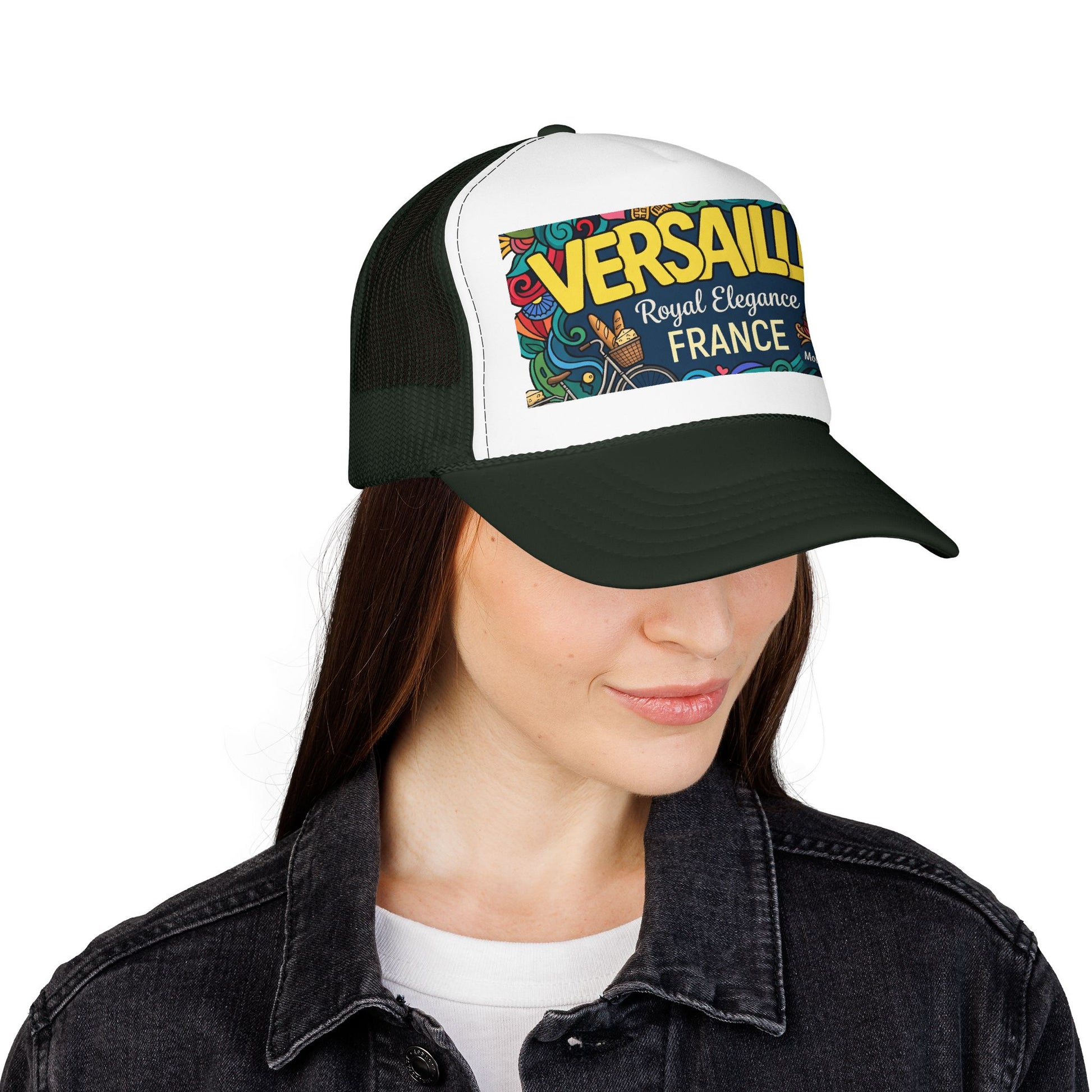 Dark green and white trucker hat with mesh sides and “Versailles France” front patch