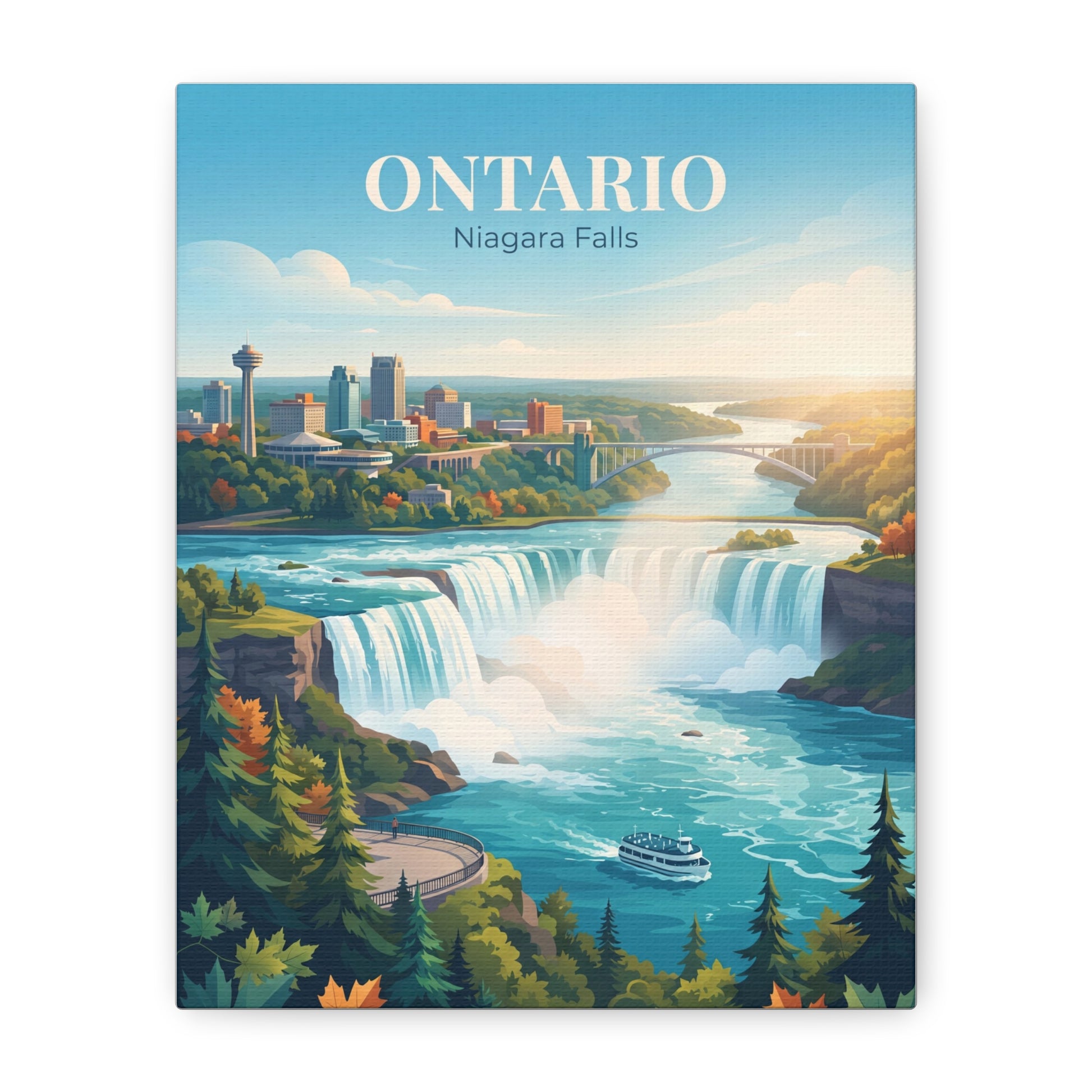Vertical canvas wall art of Niagara Falls with city skyline and “Ontario” lettering