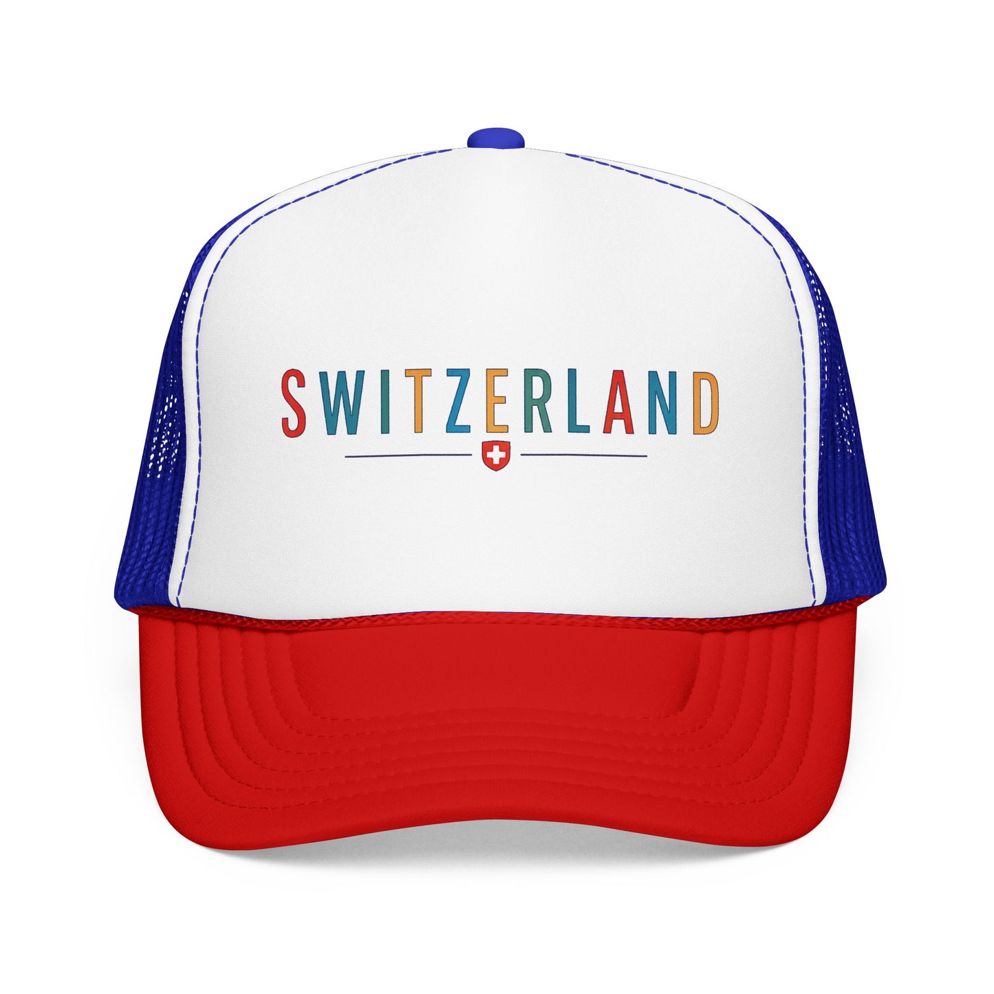 Foam trucker cap with Switzerland logo, white front, red visor, navy mesh back