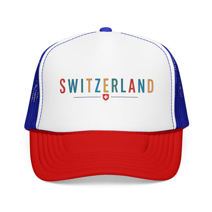 Foam trucker cap with Switzerland logo, white front, red visor, navy mesh back