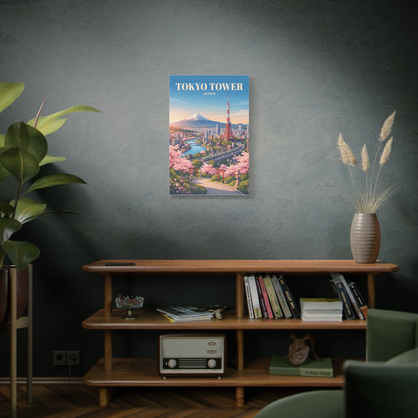 Matte canvas print depicting Tokyo Tower, cherry blossoms, and a cityscape with Mt. Fuji.