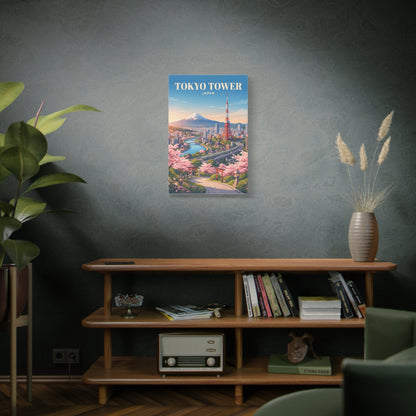 Matte canvas print depicting Tokyo Tower, cherry blossoms, and a cityscape with Mt. Fuji.