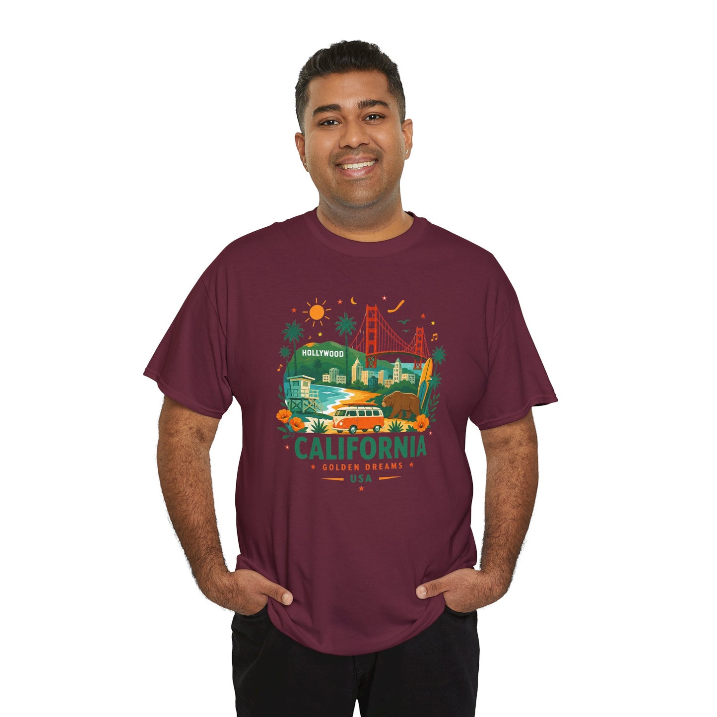 Maroon T-shirt with colorful California graphic print on the front
