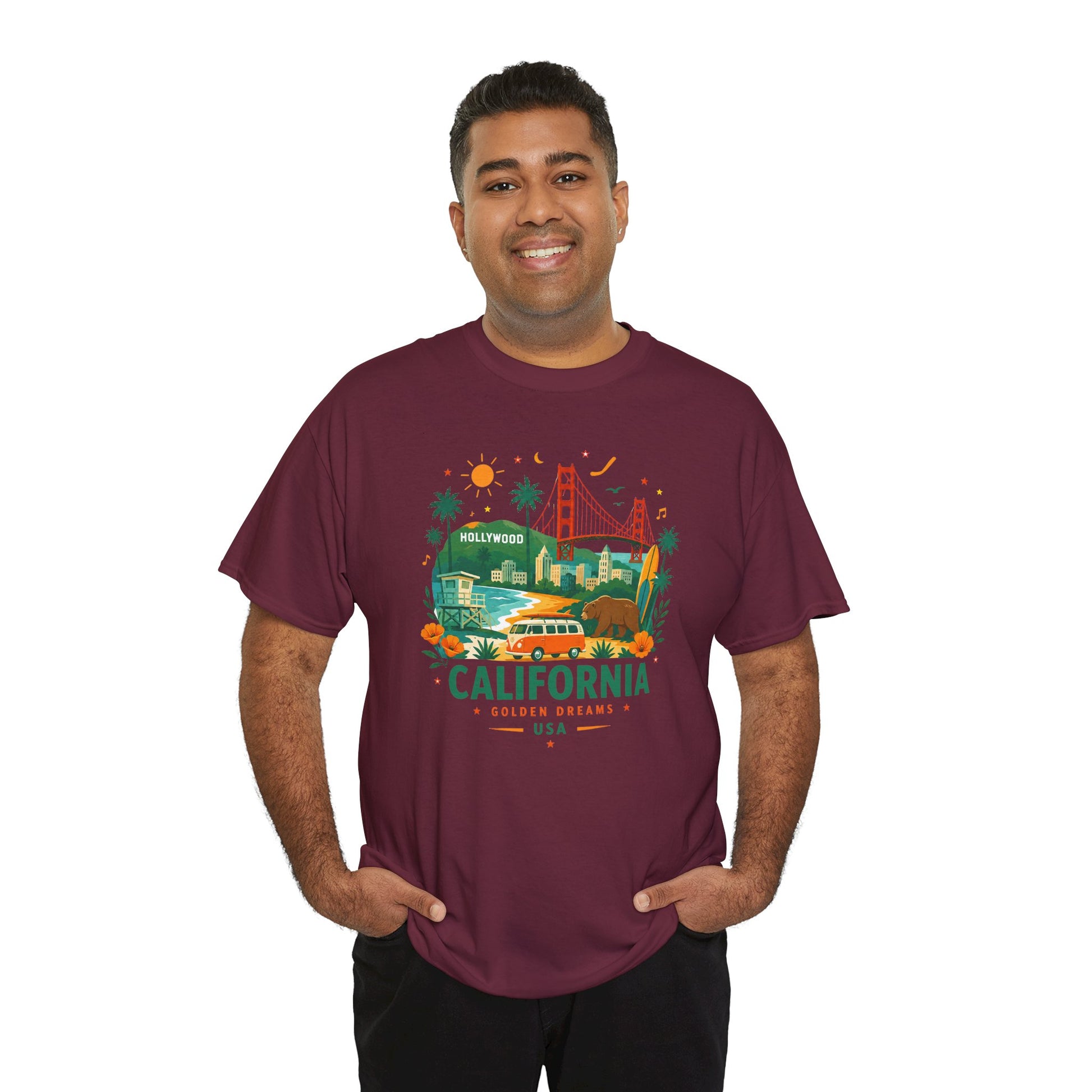 Maroon T-shirt with colorful California graphic print on the front