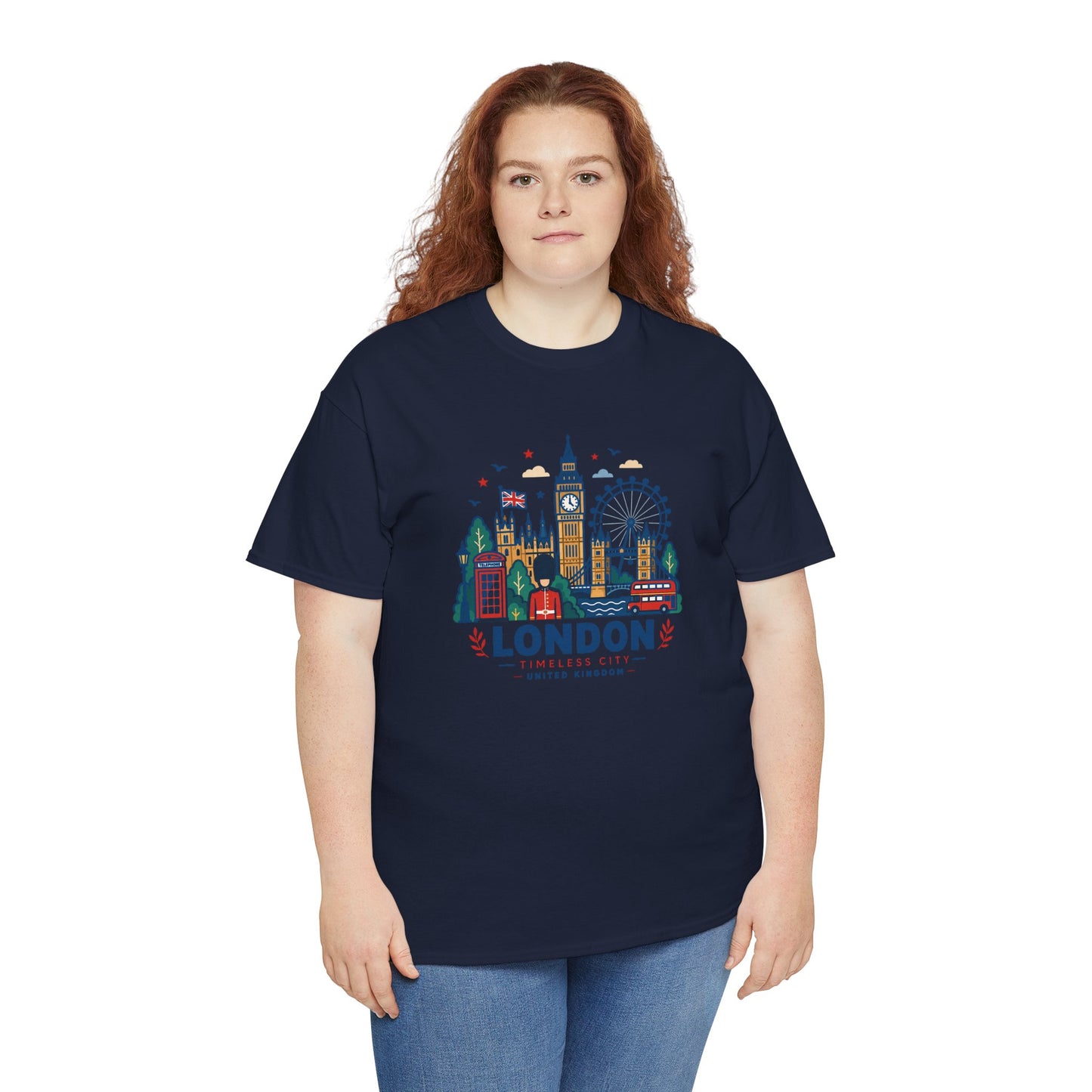 Navy t-shirt with colorful London skyline and Big Ben graphic on the chest