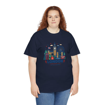 Navy t-shirt with colorful London skyline and Big Ben graphic on the chest