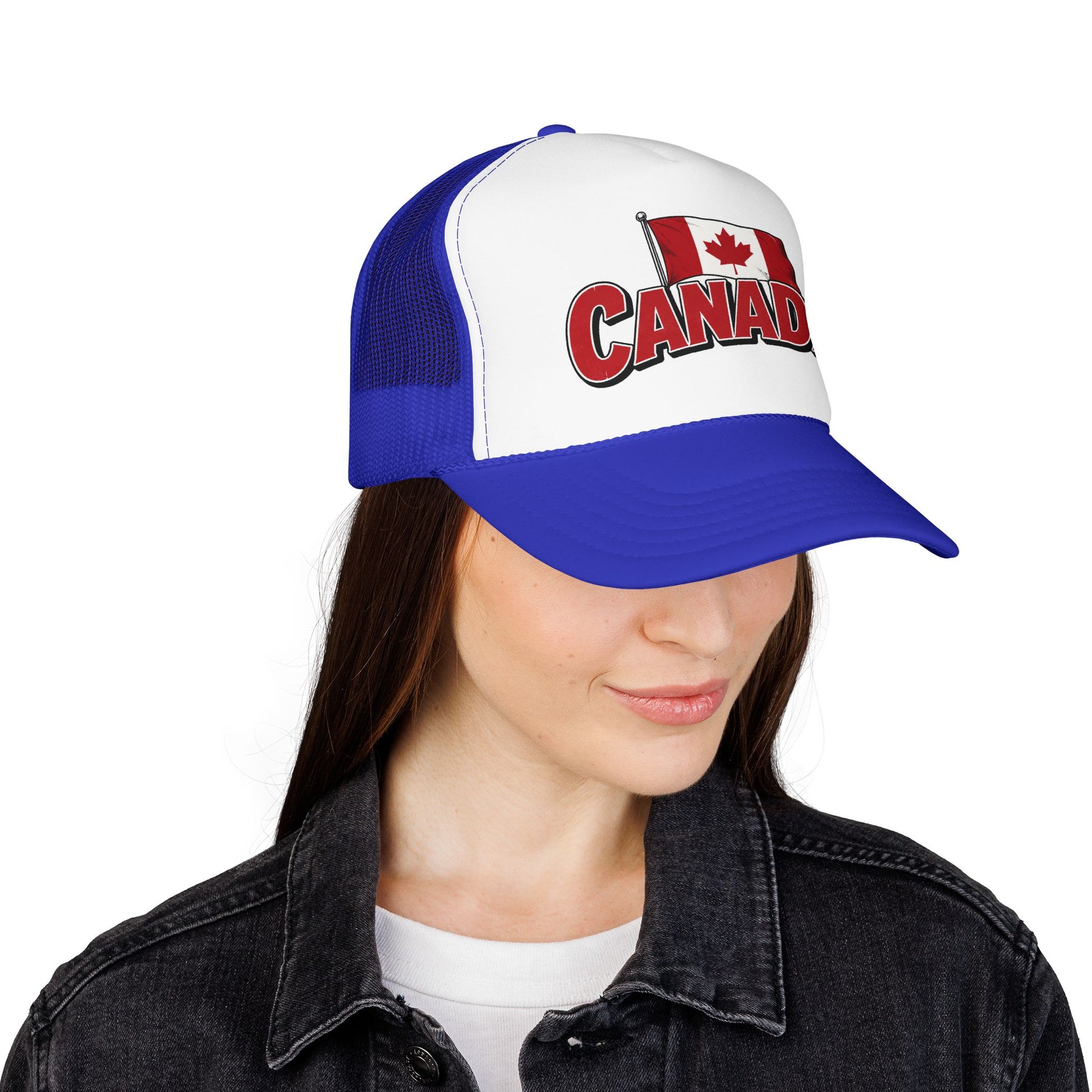 Blue and white trucker hat with Canada flag logo patch on front