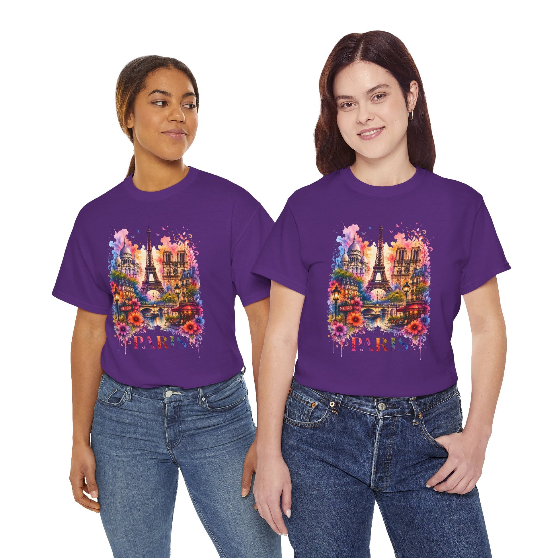 Purple floral Eiffel Tower graphic T-shirt with colorful Paris artwork on front