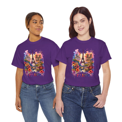 Purple floral Eiffel Tower graphic T-shirt with colorful Paris artwork on front