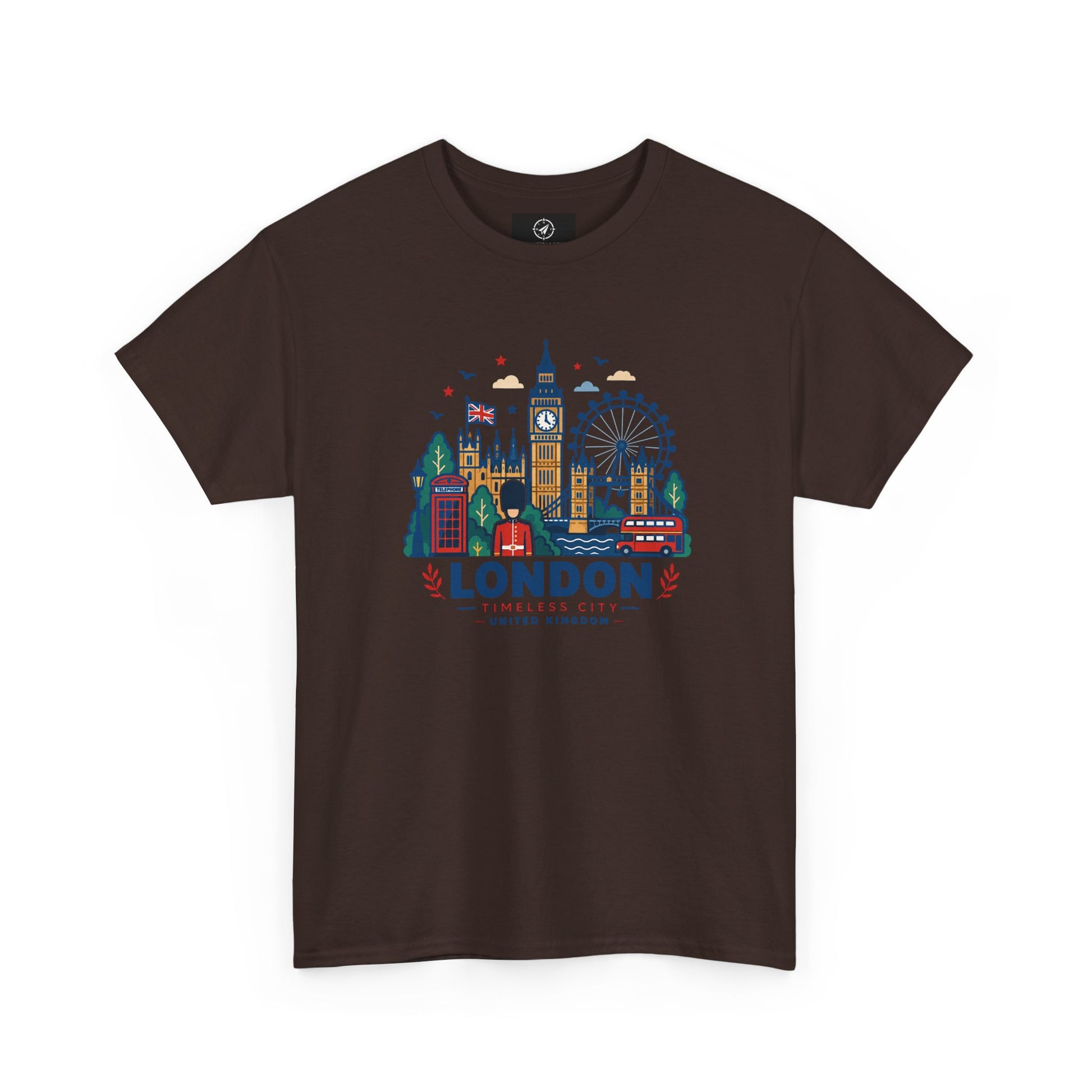 Dark brown crew neck T-shirt with colorful London skyline graphic on the front