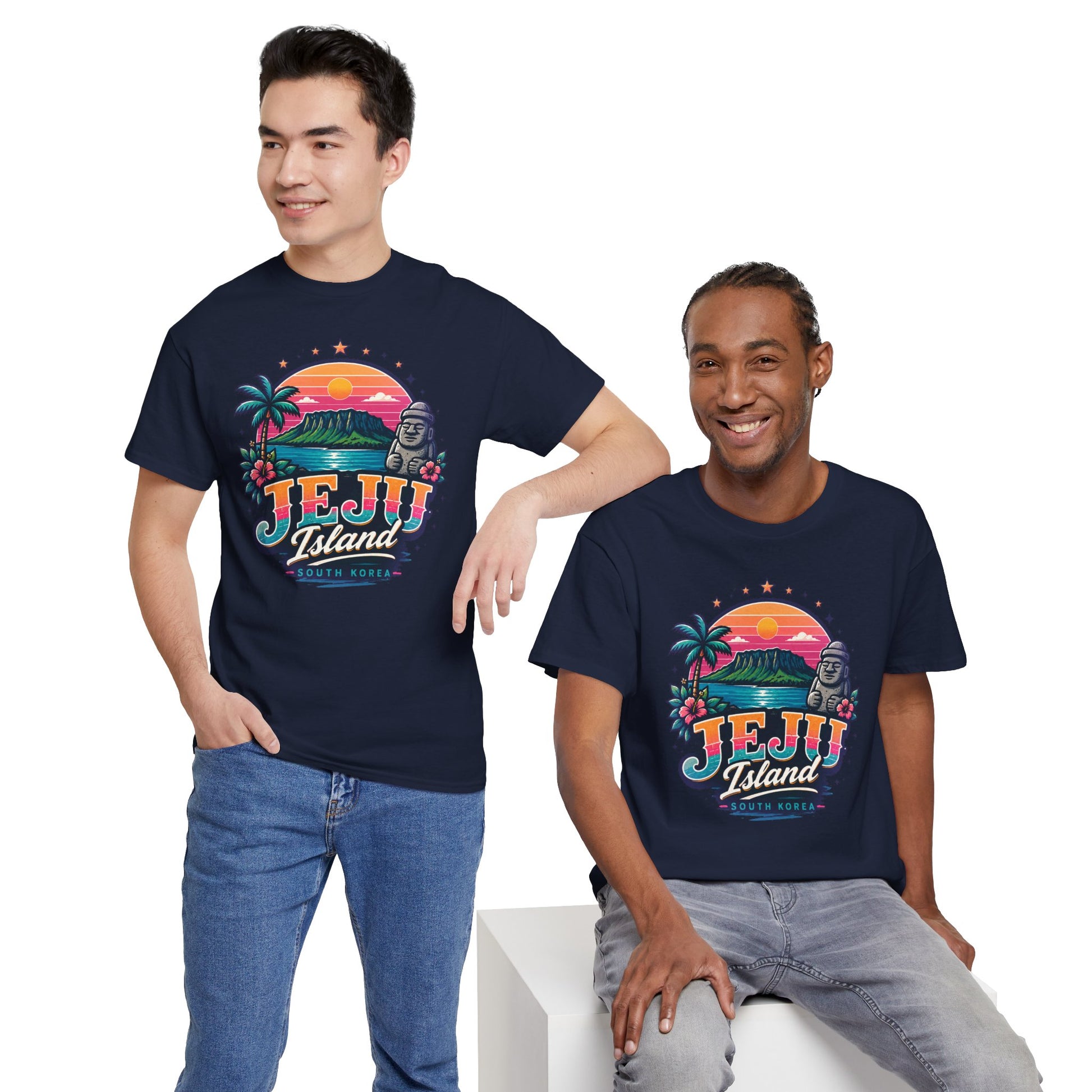 Dark navy Jeju Island graphic T-shirt on two models with palm tree sunset front print