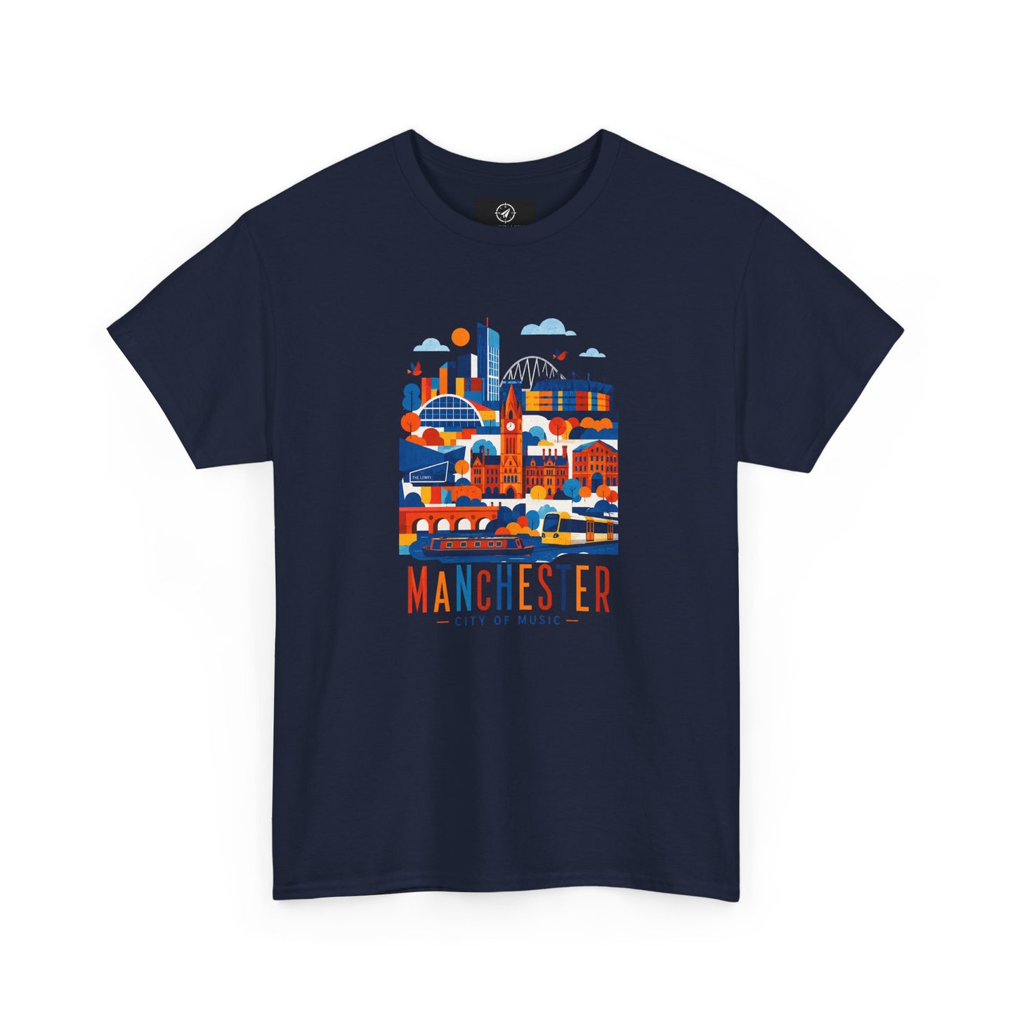 Navy short-sleeve crewneck T-shirt with Manchester skyline graphic on front