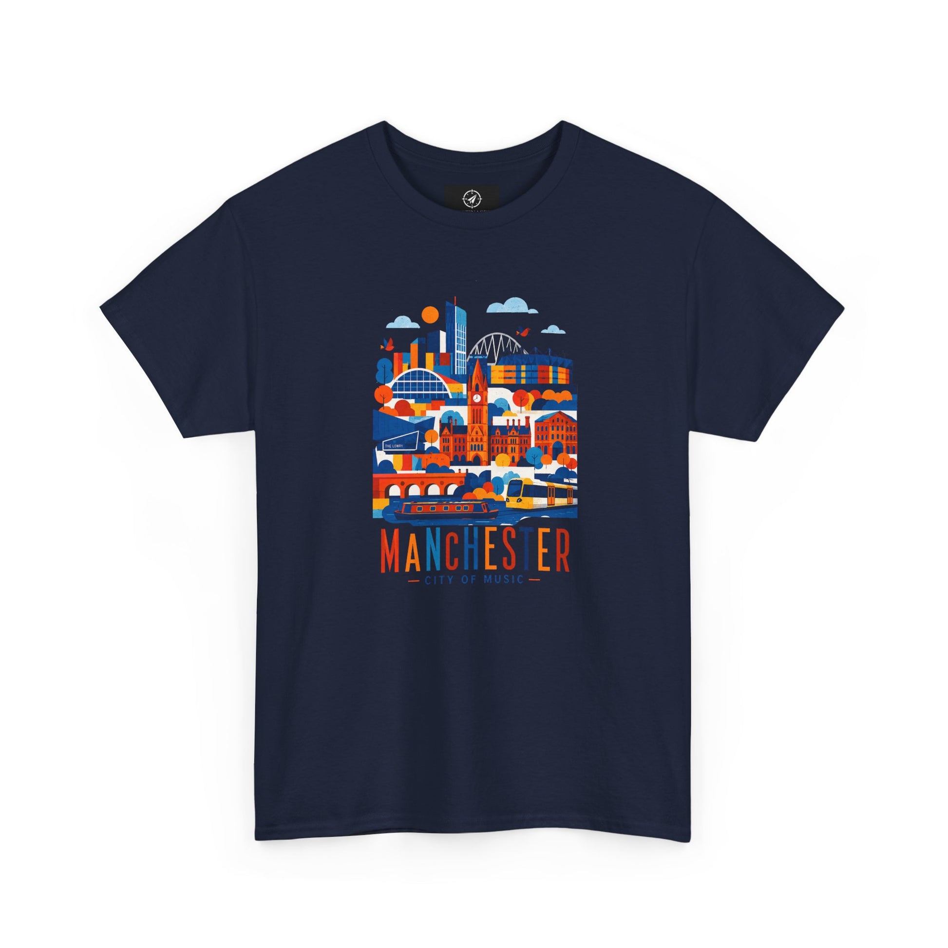 Navy short-sleeve crewneck T-shirt with Manchester skyline graphic on front