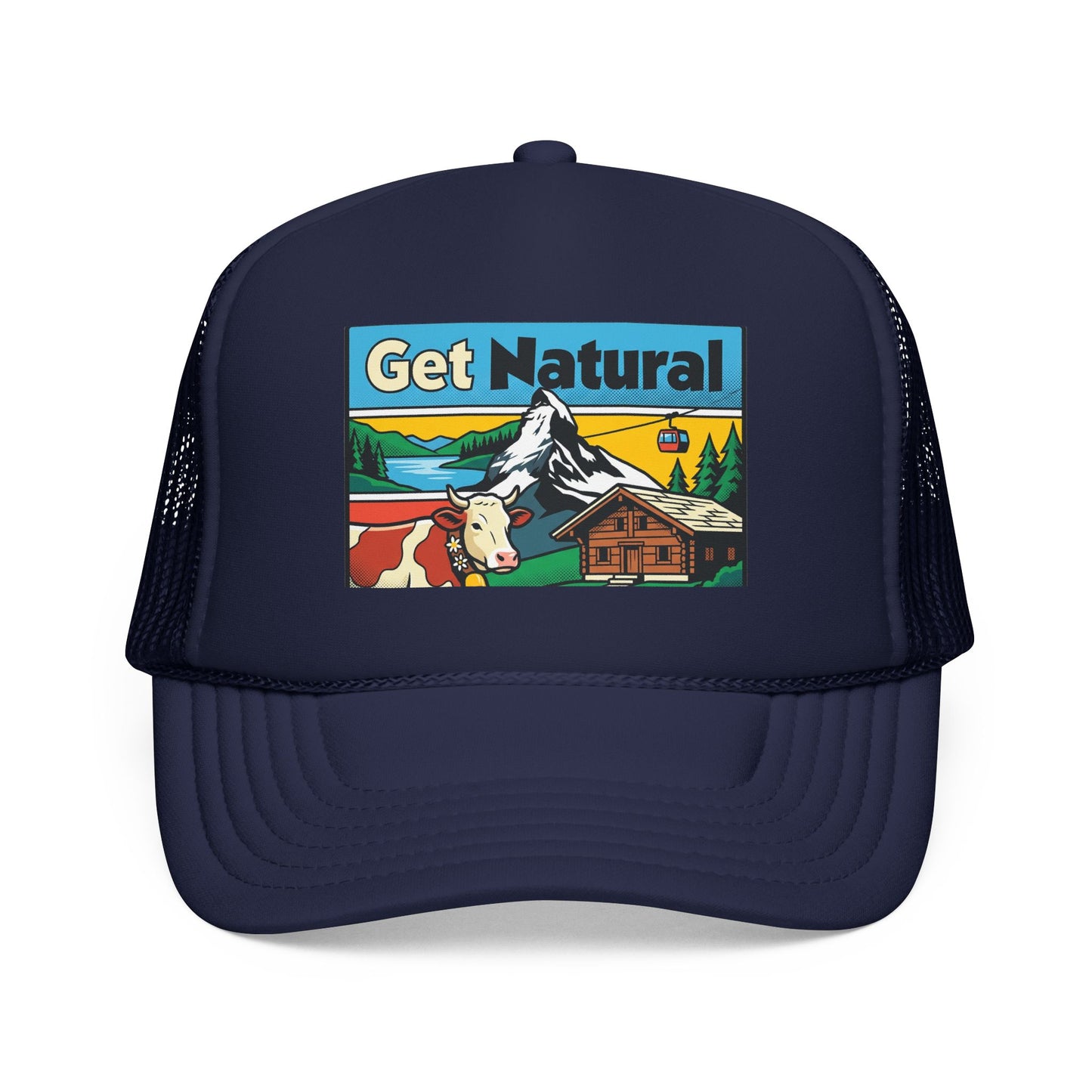 Dark navy trucker hat with a colorful alpine scene graphic panel and mesh side panels.