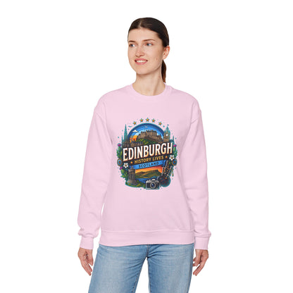Light pink crewneck sweatshirt with Edinburgh graphic print, front view on model