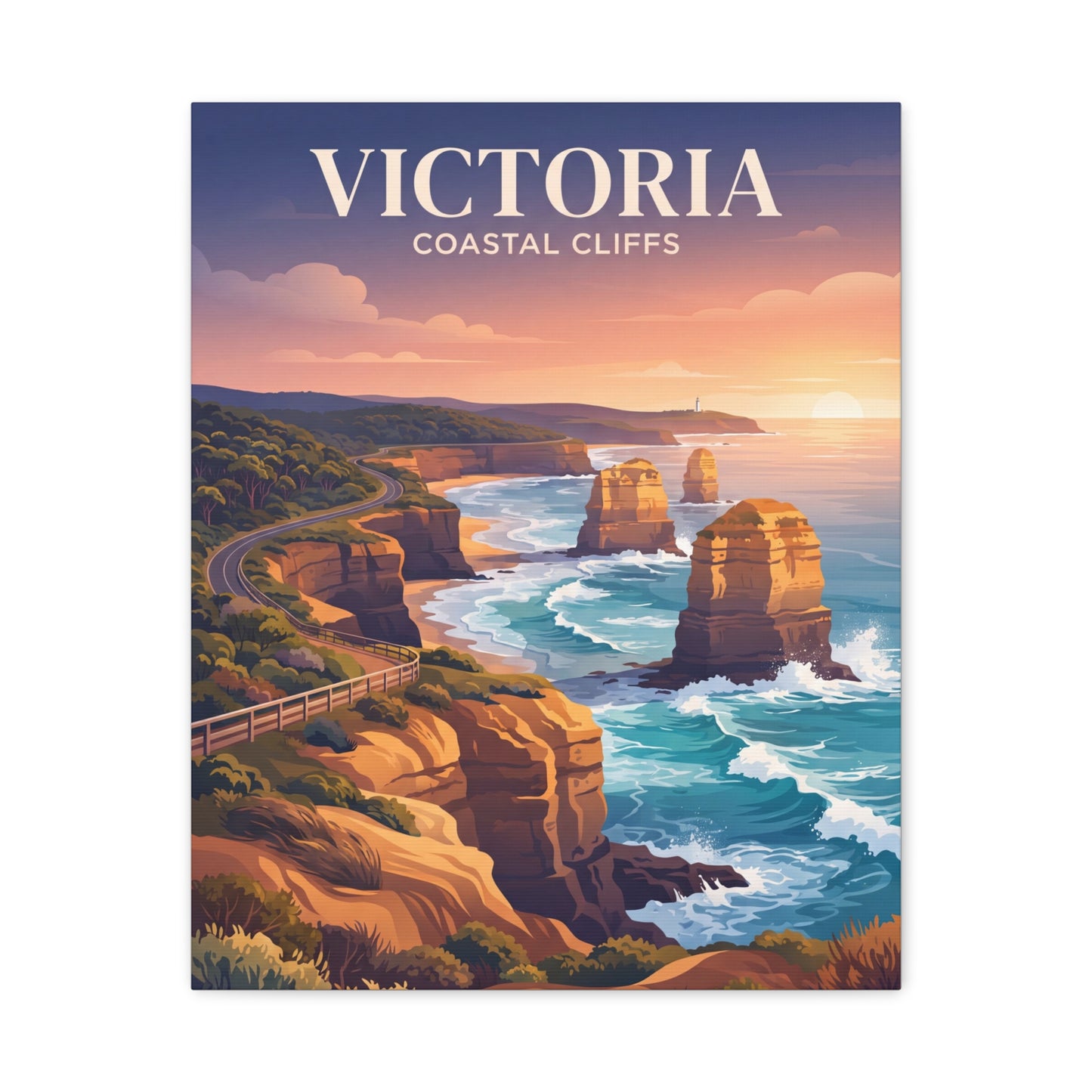 Vertical canvas wall art featuring coastal rock formations, waves, and sunset gradient clouds.