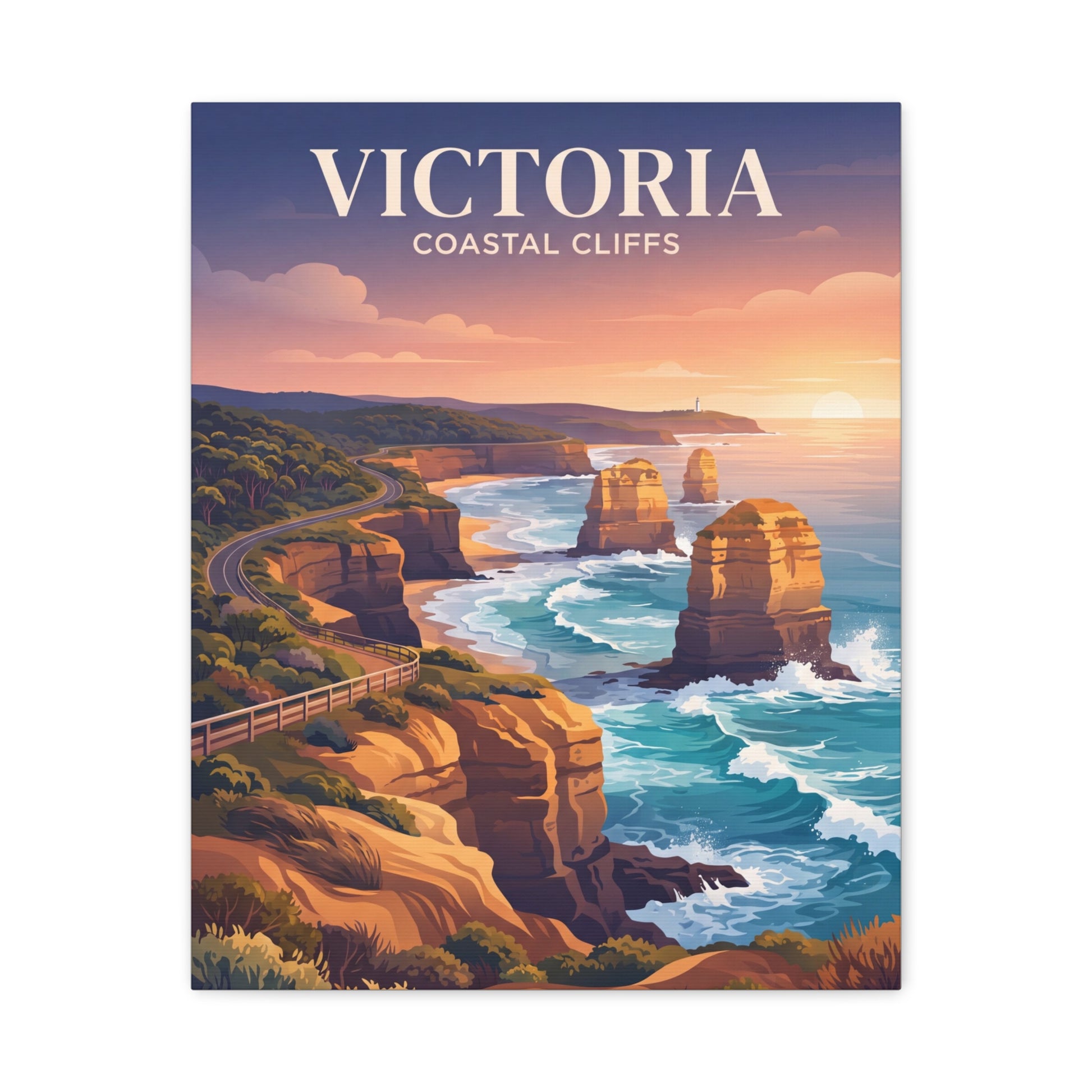 Vertical canvas wall art featuring coastal rock formations, waves, and sunset gradient clouds.