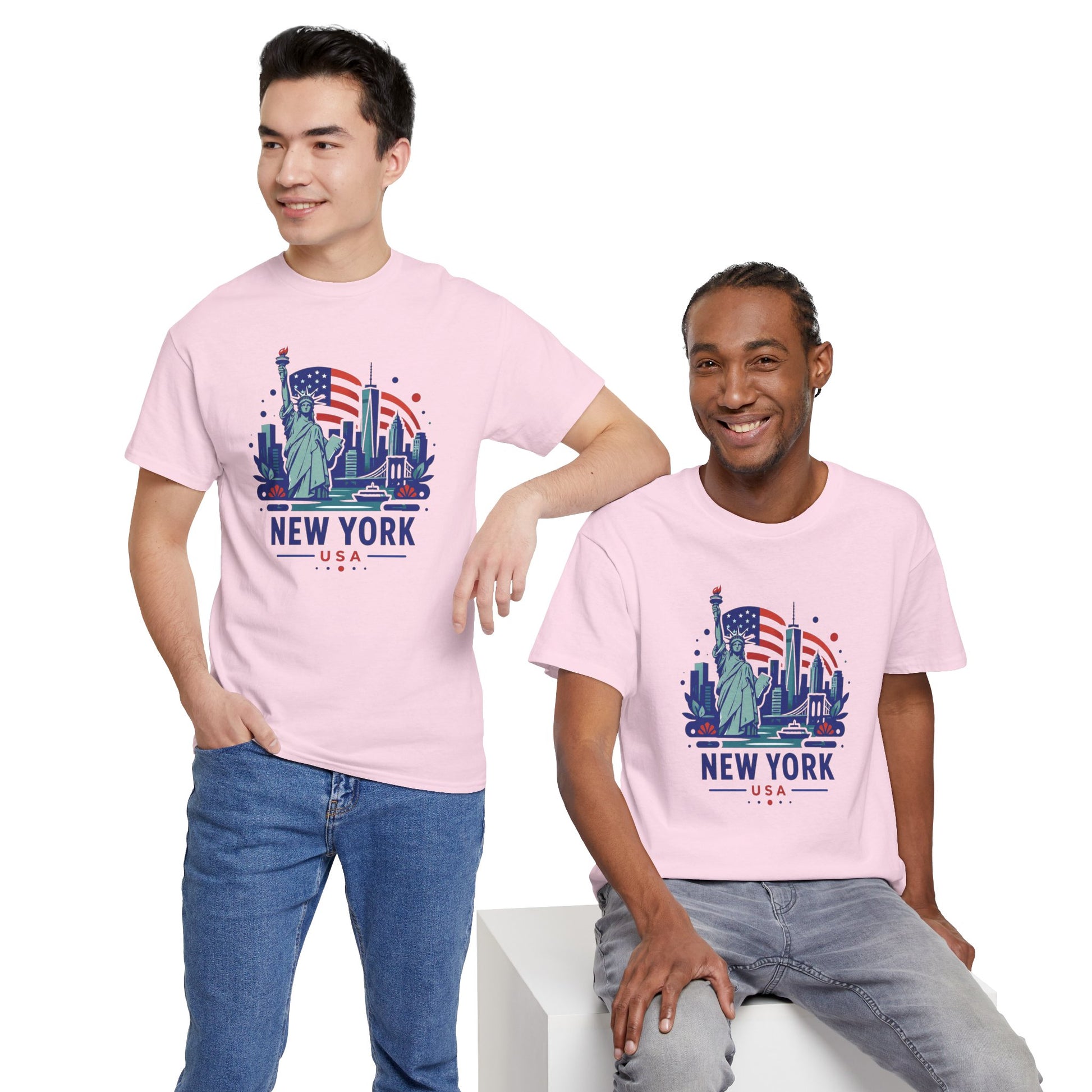 Light pink crewneck T-shirt with Statue of Liberty and 'NEW YORK USA' graphic (front)