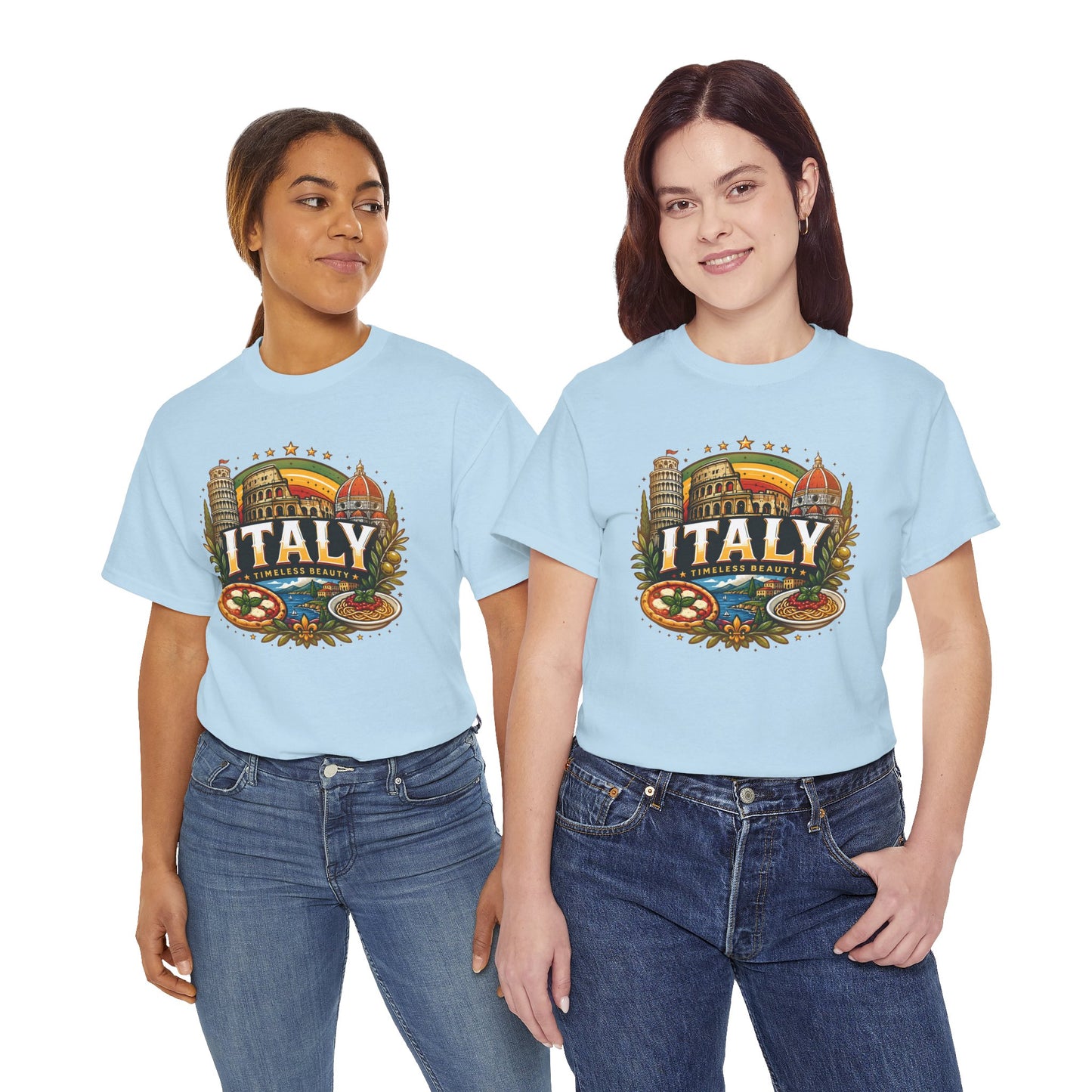 Light blue short-sleeve crewneck T-shirt with large Italy graphic on the chest